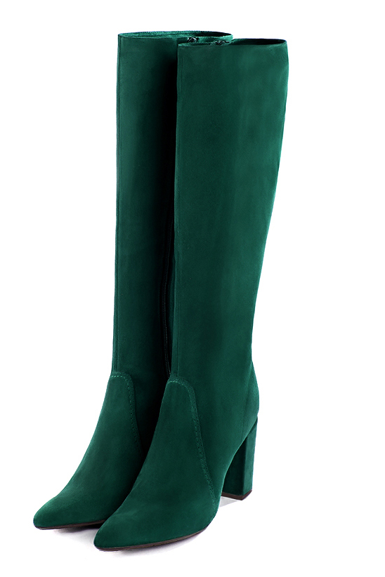 Bottes féminines élégantes et raffinées, réalisées sur mesure, coloris vert bouteille. Bout effilé. Très haut. Talon bottier. Mollets fins ou larges. Personnalisation : Choix des cuirs, des couleurs et des talons. - Florence KOOIJMAN